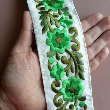 Beige Fabric Trim With Green Floral Embroidery, 56mm wide